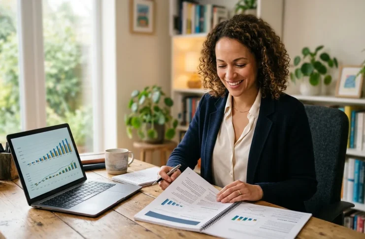 UK entrepreneur reviewing business plan and cash flow forecast before applying for a startup business loan