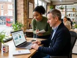UK employer and apprentice reviewing 2026 Growth and Skills Levy funding on a laptop