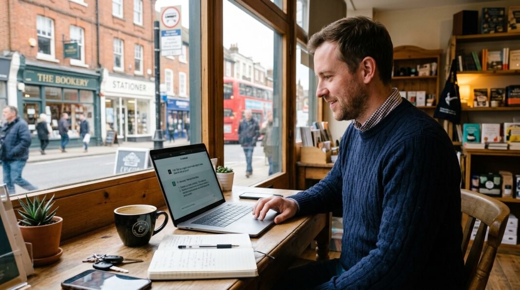 UK small business owner using AI tools on a laptop in a small shop office