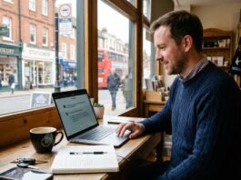 UK small business owner using AI tools on a laptop in a small shop office