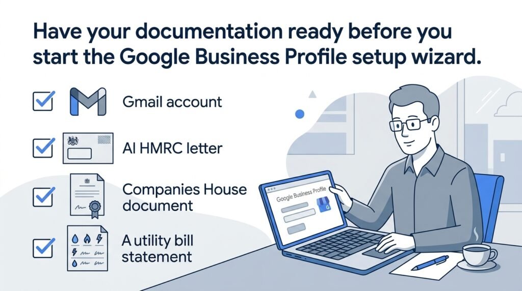 Checklist illustration of documents needed to set up a Google Business Profile in the UK