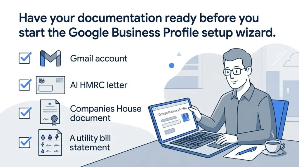 Checklist illustration of documents needed to set up a Google Business Profile in the UK