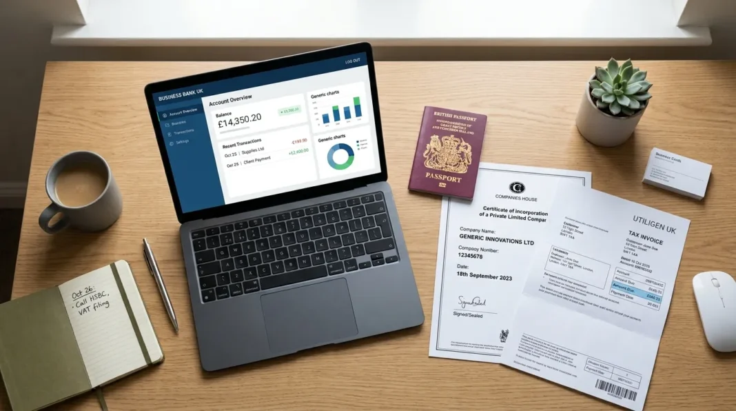 UK business owner preparing documents to open a business bank account