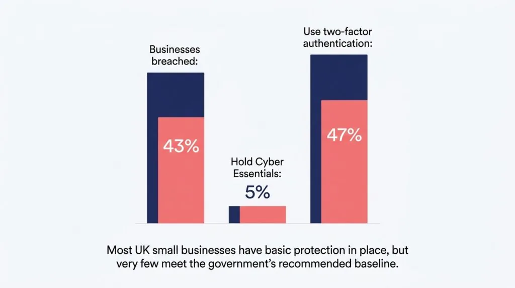 Chart showing UK business cyber breach and Cyber Essentials certification statistics for