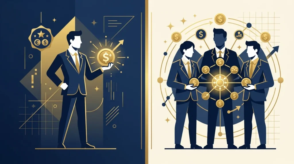 Illustration comparing solo angel investors and angel syndicates in the UK