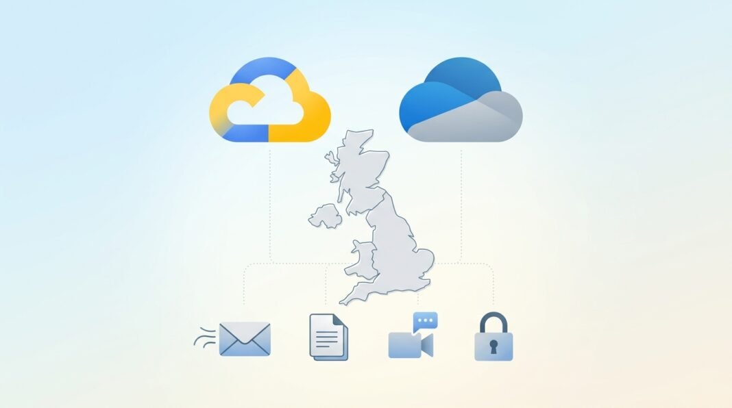 Illustration comparing Google Workspace and Microsoft 365 cloud productivity suites for UK small businesses