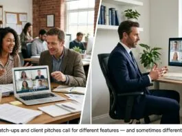 UK small business owner using video conferencing software on a laptop from a home office.