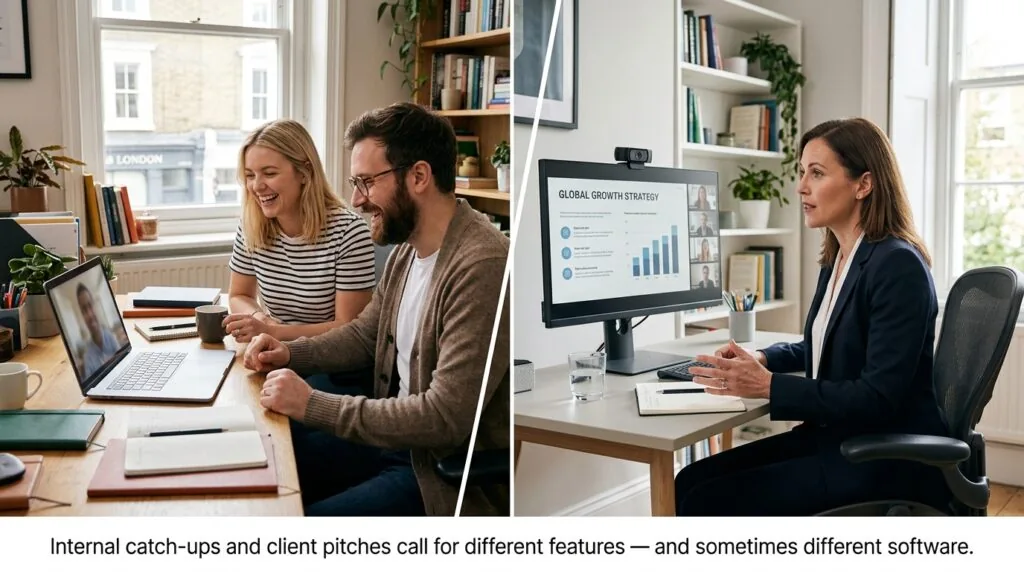 Comparison of internal team video call versus client-facing video pitch for UK small businesses.