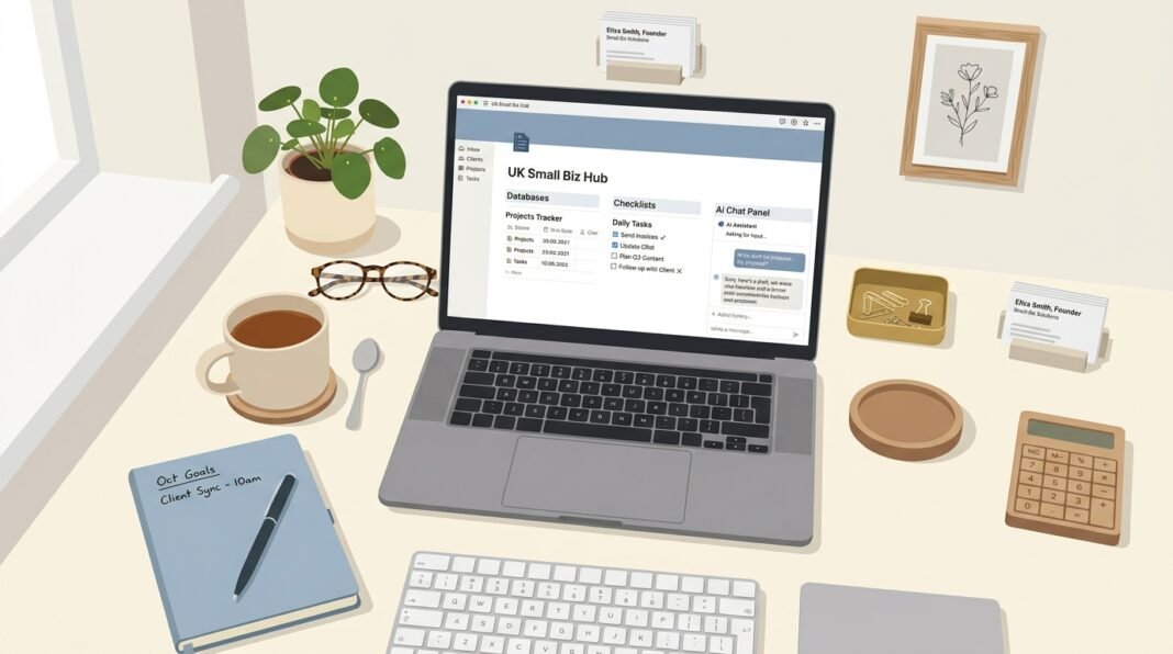 UK small business owner using Notion AI workspace dashboard on laptop