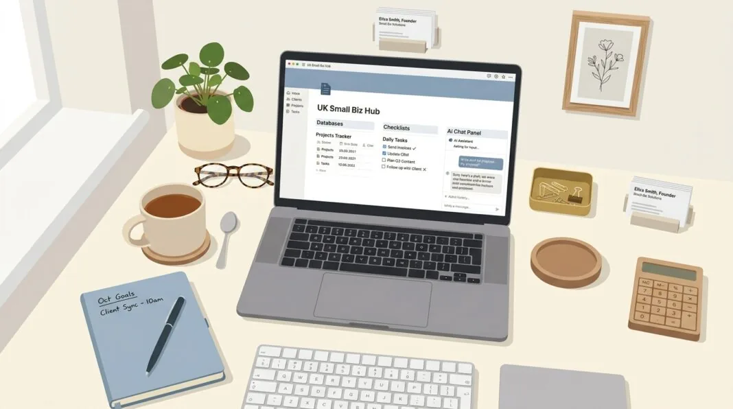 UK small business owner using Notion AI workspace dashboard on laptop