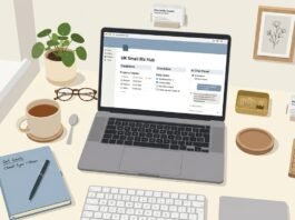 UK small business owner using Notion AI workspace dashboard on laptop