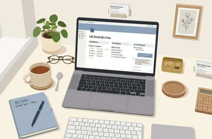 UK small business owner using Notion AI workspace dashboard on laptop