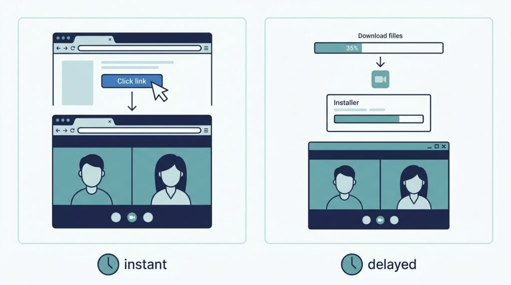 Diagram comparing browser-based Google Meet joining versus app-based Zoom joining