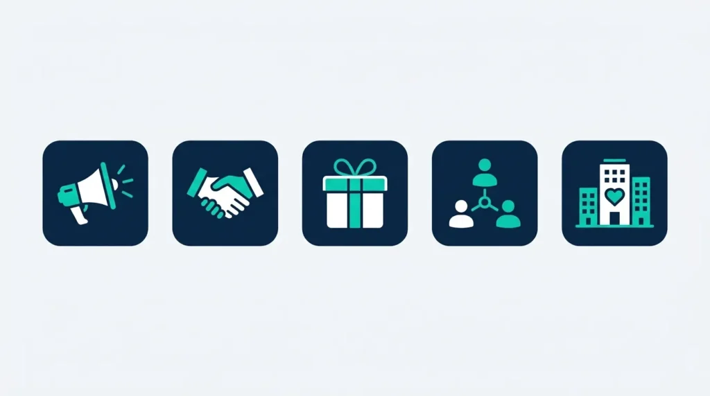 Icon grid showing alternative UK startup funding options including crowdfunding, angel investment and grants