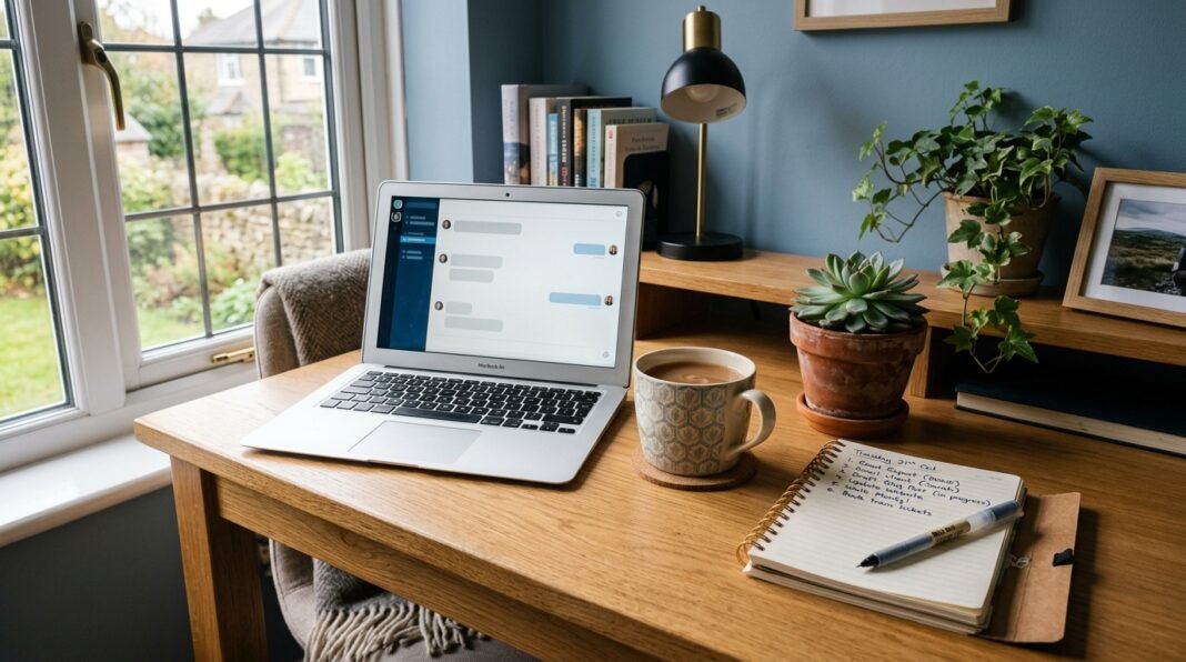 UK small business owner's desk with laptop, representing AI tools for small business