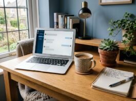 UK small business owner's desk with laptop, representing AI tools for small business