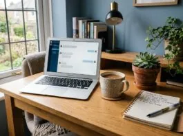 Best AI Tools for UK Small Businesses UK small business owner's desk with laptop, representing AI tools for small business