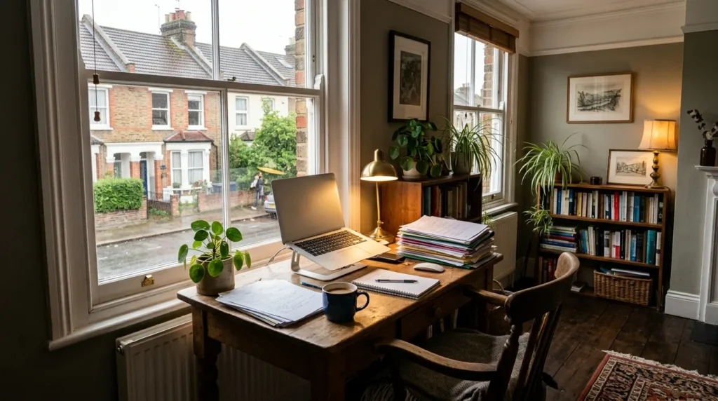 Home office desk representing a UK home-based business needing separate business insurance cover