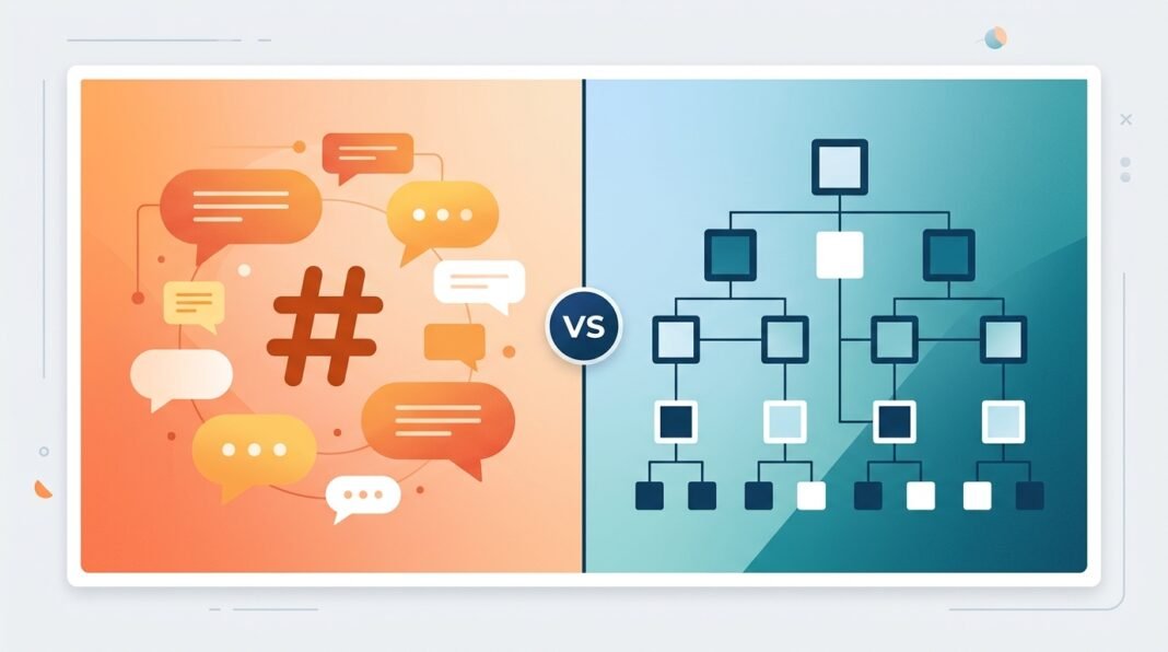 Split illustration comparing Slack-style channel messaging with Microsoft Teams-style structured hierarchy for UK small businesses