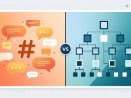 Split illustration comparing Slack-style channel messaging with Microsoft Teams-style structured hierarchy for UK small businesses