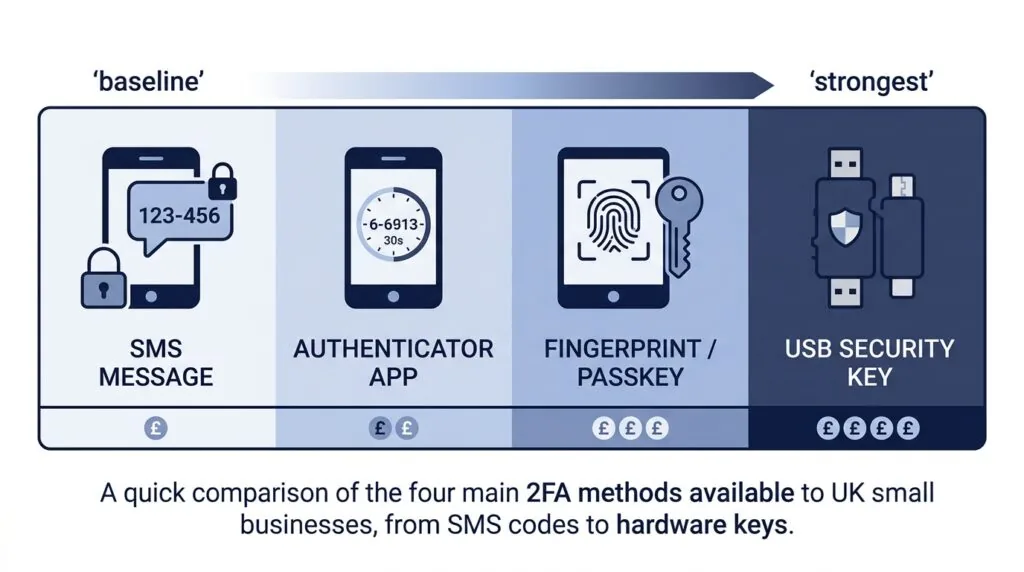 Comparison chart of 2FA methods for small businesses including SMS, authenticator apps, passkeys, and hardware keys