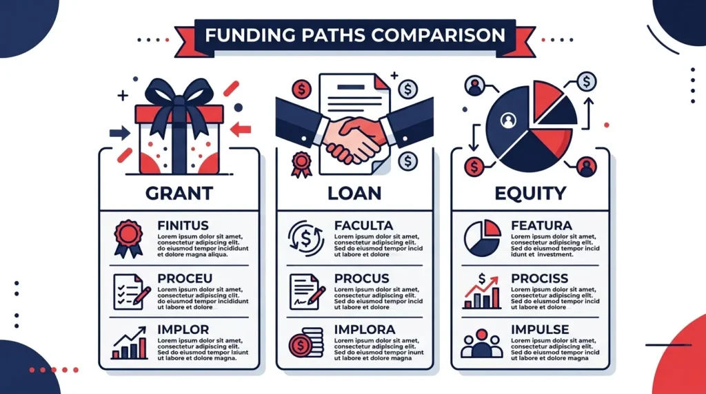 Infographic comparing UK business grants, government loans and equity investment funding routes