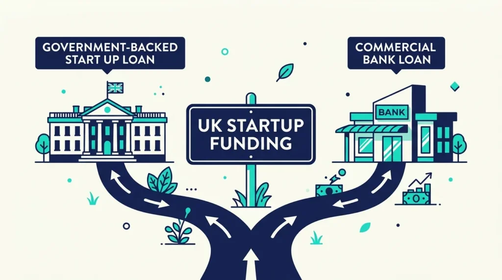 Diagram comparing the government-backed Start Up Loan scheme with commercial startup business loans in the UK