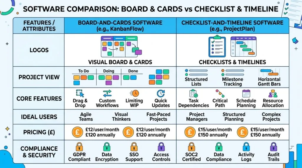 Comparison table of Asana vs Trello pricing, free plan limits, and UK GDPR readiness