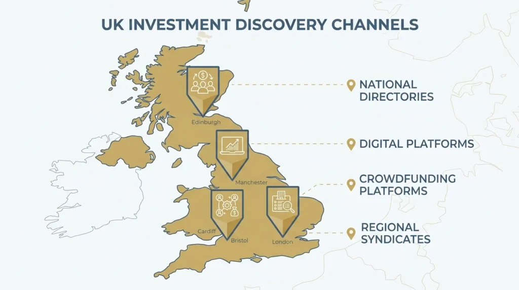 Map illustration of channels for finding angel investors across the UK