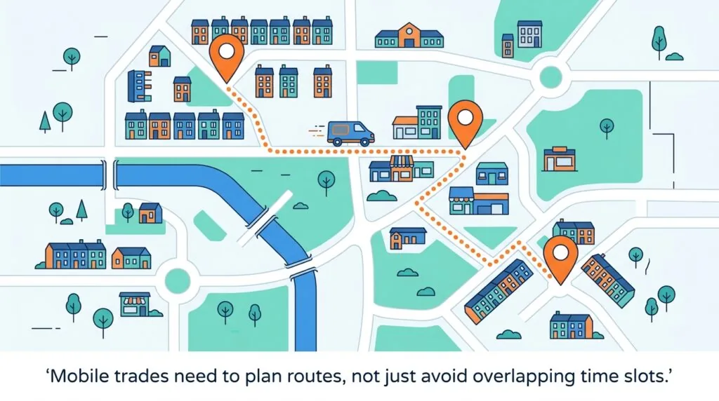 Map illustration showing scheduled appointment locations for a mobile UK trade business