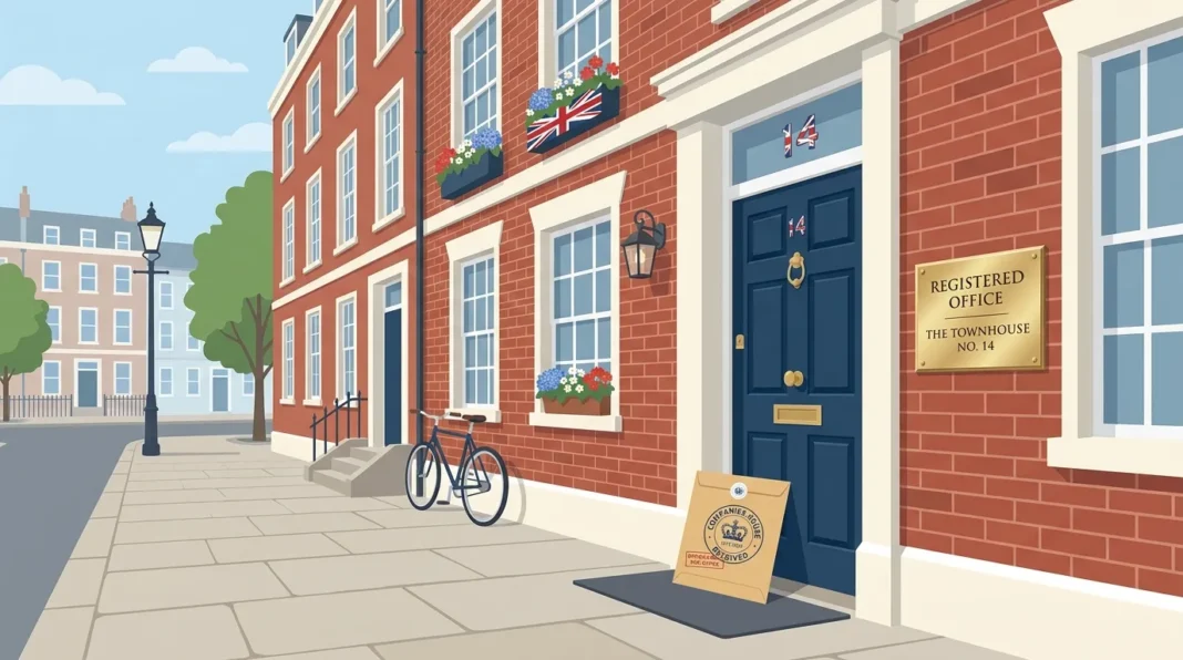 UK registered office address building with official mail arriving, representing Companies House requirements