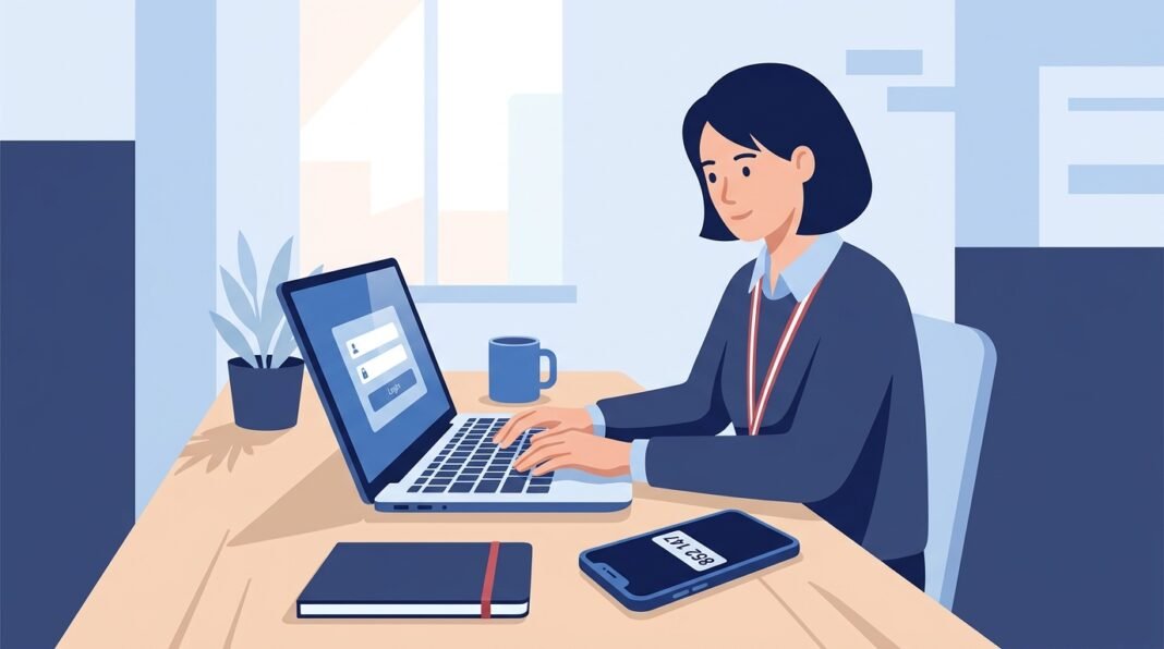 UK small business employee logging in with two-factor authentication on laptop and phone