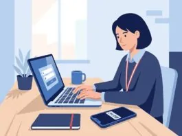 UK small business employee logging in with two-factor authentication on laptop and phone