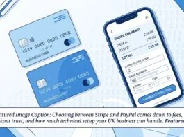 UK small business owner comparing Stripe and PayPal payment processing on a laptop and phone