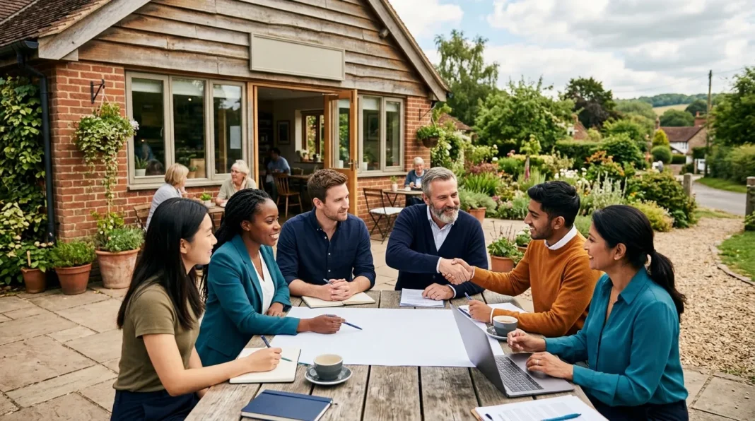 People collaborating outside a UK community interest company building