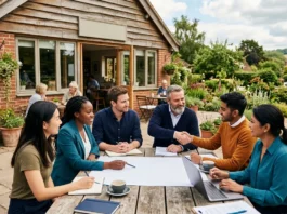 People collaborating outside a UK community interest company building