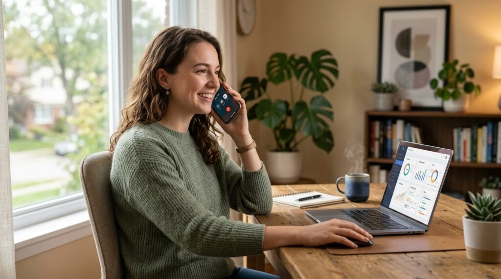 Person using a VoIP softphone app on a smartphone while working remotely