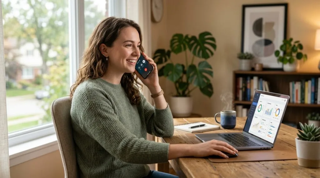 Person using a VoIP softphone app on a smartphone while working remotely
