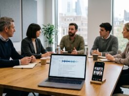Business team in a UK office meeting with laptop running AI meeting transcription software