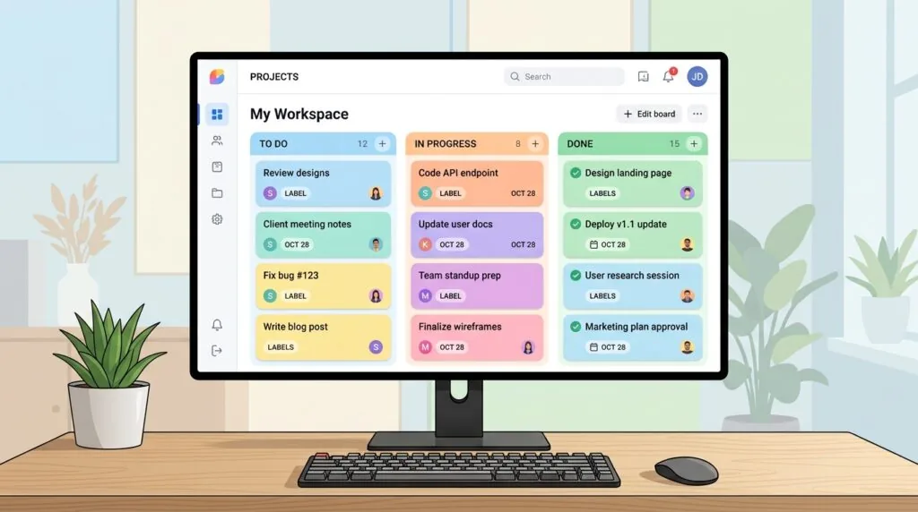 Illustration of a customisable task management board with columns and coloured task cards