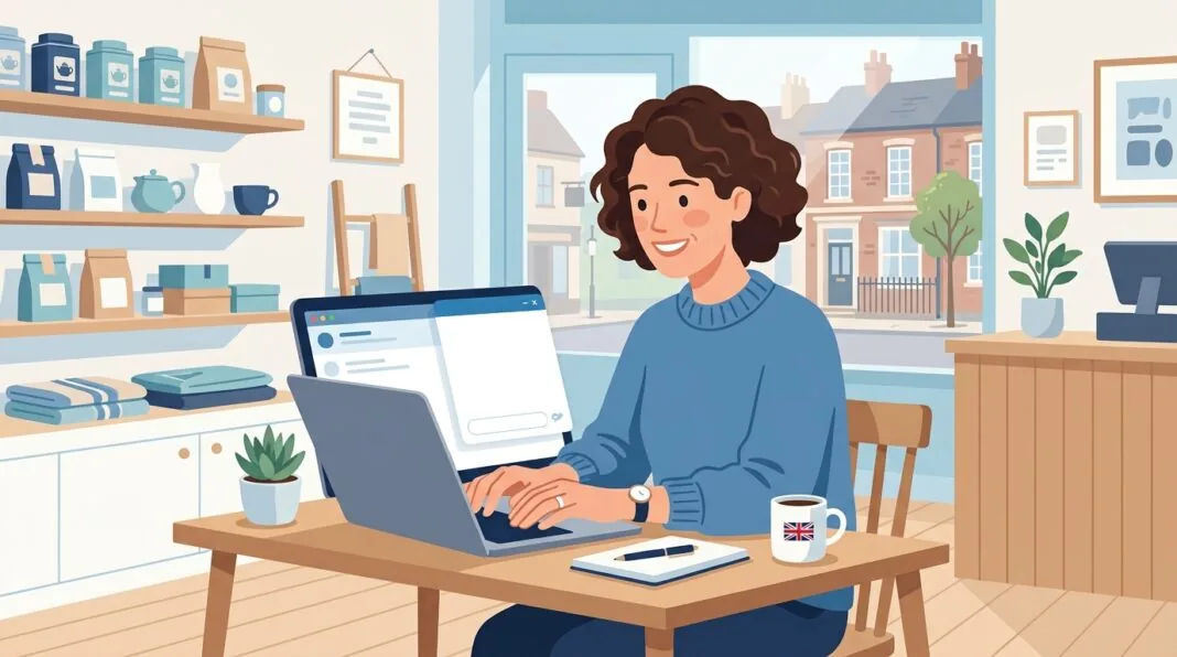 UK small business owner comparing live chat software options on a laptop