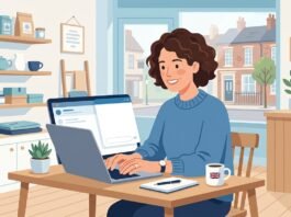 UK small business owner comparing live chat software options on a laptop