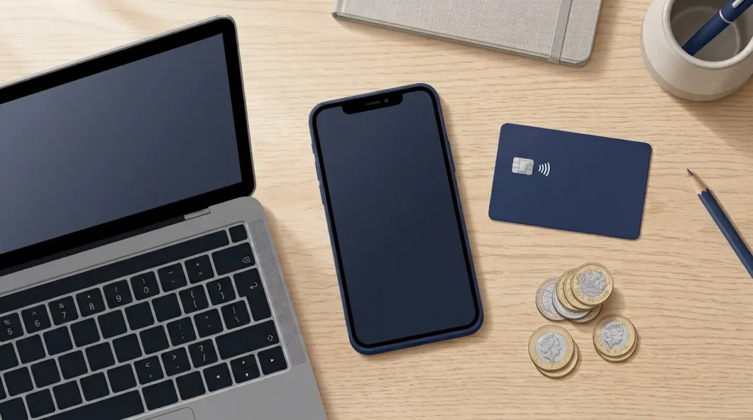 UK business owner comparing banking apps and a debit card representing business bank accounts