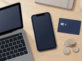 UK business owner comparing banking apps and a debit card representing business bank accounts