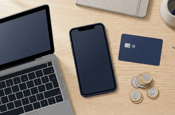 UK business owner comparing banking apps and a debit card representing business bank accounts