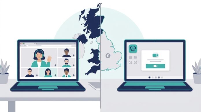 Illustration comparing Zoom and Google Meet video conferencing for UK businesses