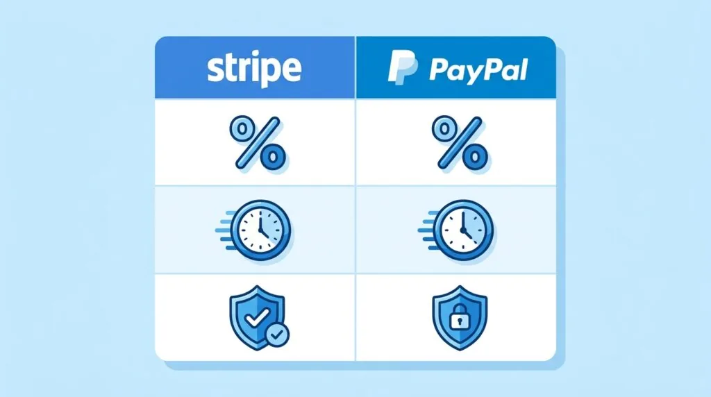 Table comparing Stripe and PayPal UK fees, payout speed, and setup type for small businesses