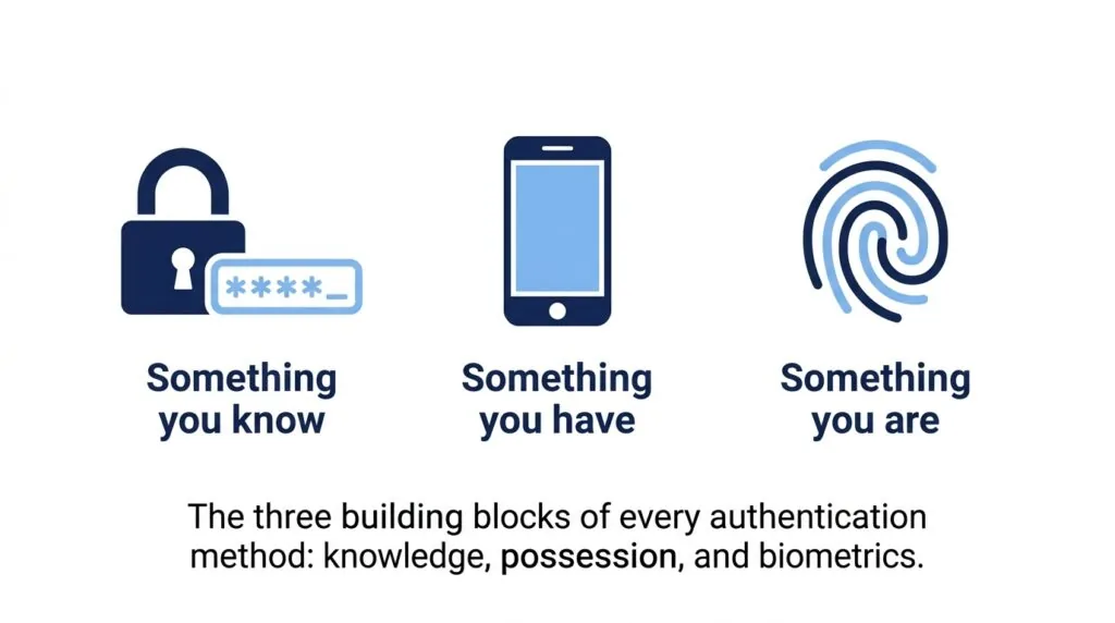 Diagram showing the three factors of authentication: something you know, have, and are