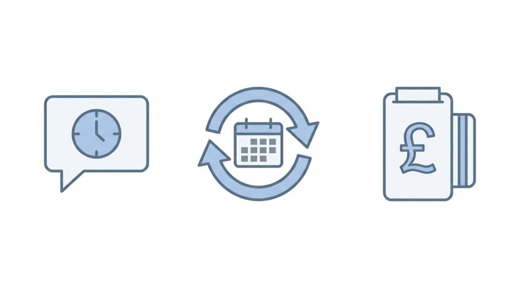 Icons representing SMS reminders, calendar sync, and GBP payment gateways for UK booking software
