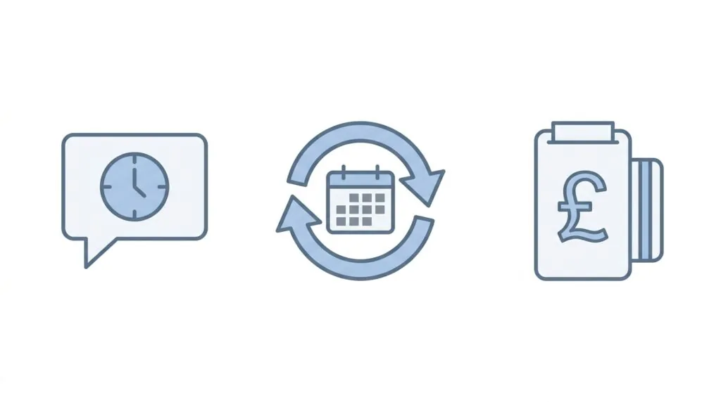 Icons representing SMS reminders, calendar sync, and GBP payment gateways for UK booking software